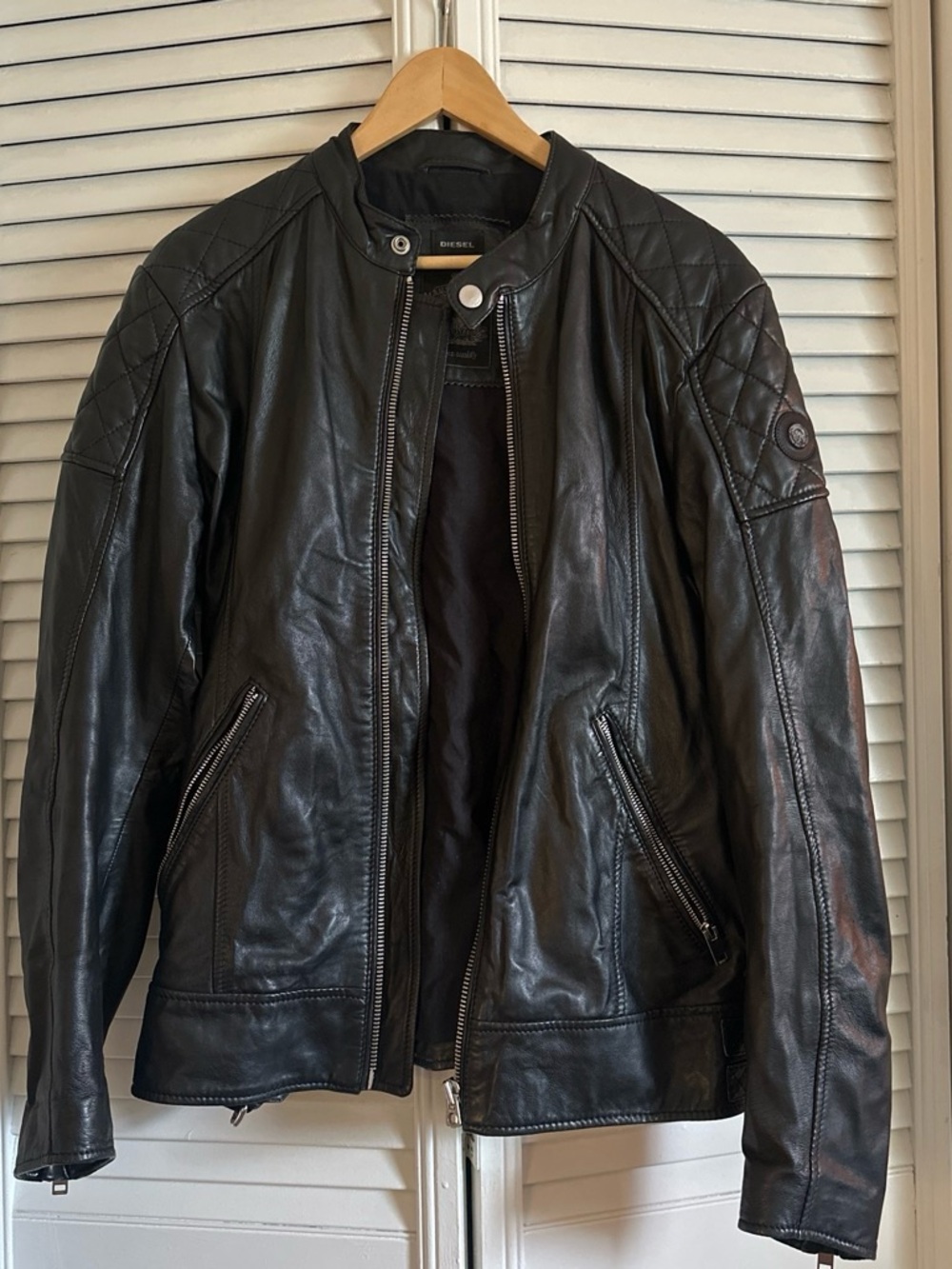 Diesel Black Quilted Shoulder Leather Bomber Jacket